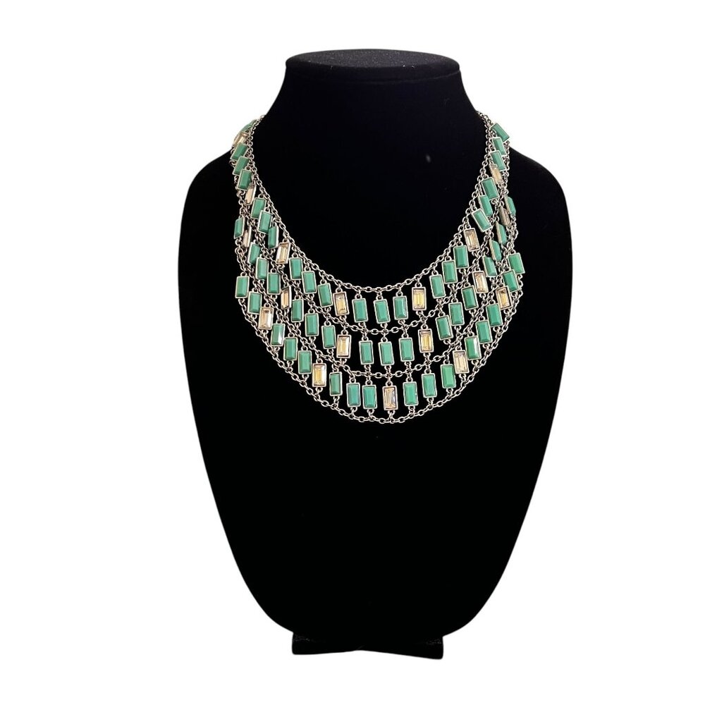 Banana Republic Milly Turquoise Bib Necklace Silver-Tone Chain Emerald Cut